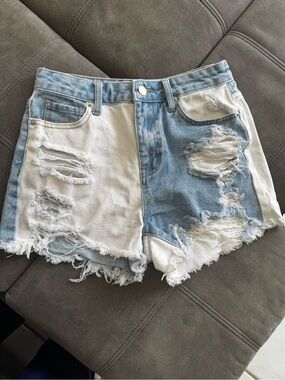 American Bazi Two-Tone Distressed Denim Shorts - Light Blue & White